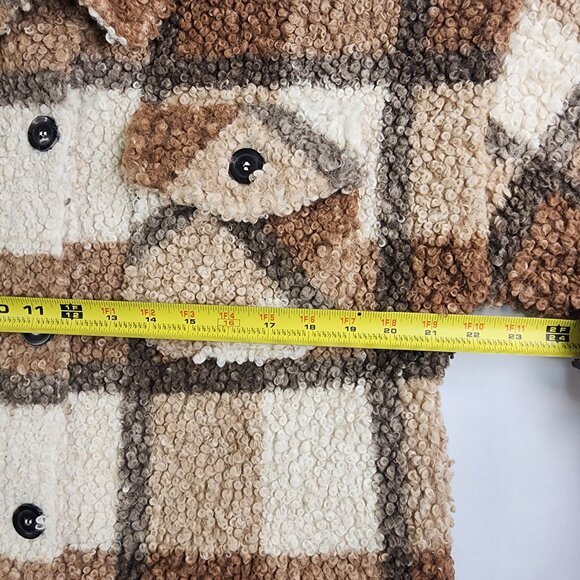 Zenana Sherpa Shacket Size S Brown Tan Beige Block Plaid Side Front Pockets Fall - Picture 6 of 11